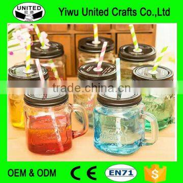 2016 hot sales pump lid 500ml colorful glass mason jar with handles wholesale