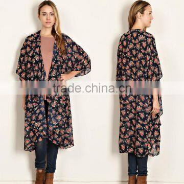 Wholesale Beach Items Casual Wear Breezy Chiffon Polyester Floral Print Longline Cardigan Beach Wear Cover Up