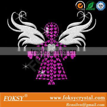 Hot wholesale iron on transfer design glitter angel custom rhinestone apparel