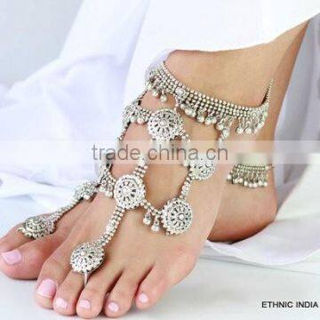 PAYAL Anklet pair TOE RING silver TONE BAREFOOT SANDAL