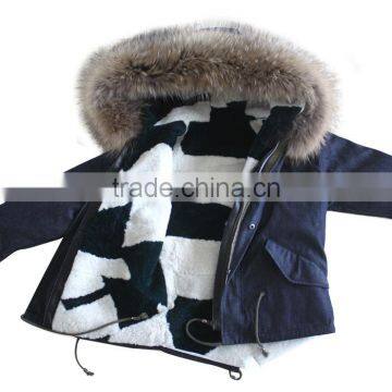 Myfur Latest Design Kids Jeans Parka With Sheep Shearing Fur Lining And Raccoon Fur Hooded Parka for Children photo-3