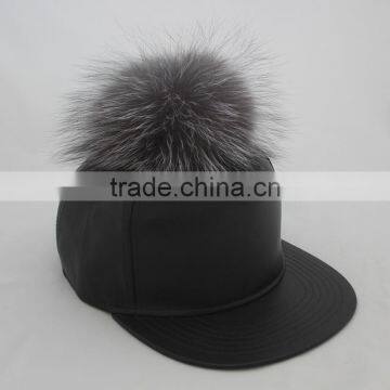 Myfur Man Handsome Style Pure Leather Baseball Cap Hat With Real Silver Fox Fur Bobble Cap