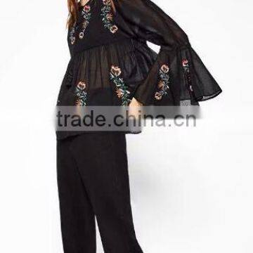Runwaylover EY2375B 2017 Fashion Women Flare Sleeve Chiffon Embroidery Blouse