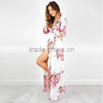 Blouson Long Sleeve Pink White Floral Printed Plus Size Wrap Maxi Long Dress photo-6