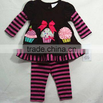 Long Sleeve Cotton Stripe Cake Pattern Baby Girls Ruffle Pant Set