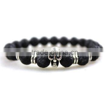 8mm Black Lava stone beads Silver tone Skull head Yoga Bracelets