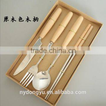 wood handle stainless steel chopstick spoon fork 4-piece set /jgwgd wood handle chopsticks knife spoon set/ fancy dinnerware