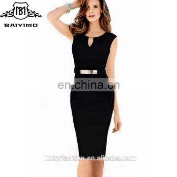 2016 BAIYIMO Women's Key hole Sleeveless Gold Belt Business Bodycon Midi Dress