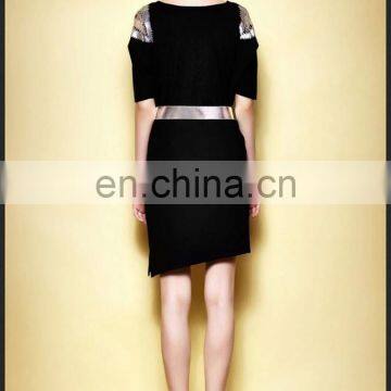 Sexy Lady High Quality Knitted Shift Dress With Sliver Belt and Short Sleeves photo-3