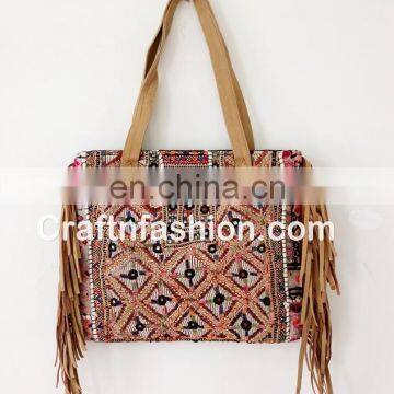 Handmade embroidery leather banjara handbag-Indian Banjara Leather Fringes Tote HANDBAG- Indian Designer Leather fringe handbag