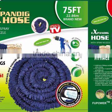 75FT X EXPANDING MAGIC HOSE PIPE GARDEN EXPANDABLE HOSE PIPE BRASS FITTINGS Triple layer natural latex hose blue