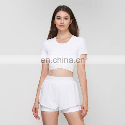 New Built In Bra Fixed Pads Short Sleeve Crop Top Women Workout Fitness Sports T-Shirt Elastic Bottom Slim Fit Yoga Gym Shirts photo-4