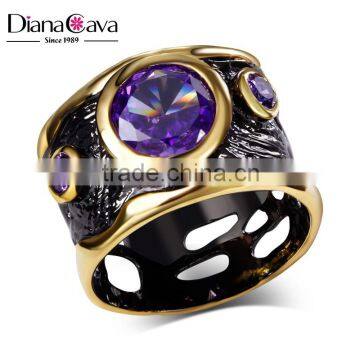 Big Amethyst Cubic Zirconia Main Stone Cocktail Party Black Gold Deluxe Jewelry Ring