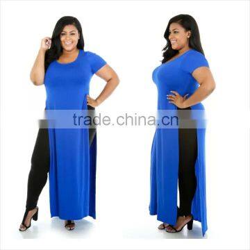 F20459A European fashion plus size maxi dresses fat women dress pictures short sleeve pure color split dress plus size clothing                        
                                                                                Supplier's Choice