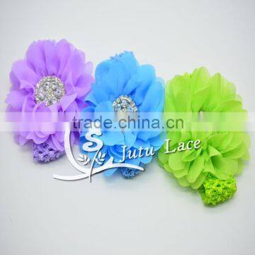 5inch artificial chiffon ruffle flower rhinestone pearl center applique / crystal bead big hair flower