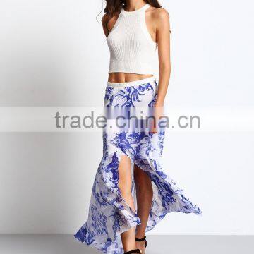 garment factory women print high cutting flowy long maxi skirt 2016