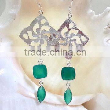 Green Onyx Marquise & Cushion Facet 925 Sterling Silver Earrings, Fashionable Bezel Earrings, Designer 925 Silver Earrings