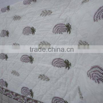 Indian Hand Block Print Pure White Kantha Cotton Quilt photo-4