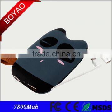 Hot wholesale cute cat 7800Mah powerbank with cable and connector for iphone5S/6/6S