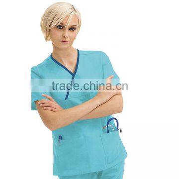 OEM design Women's 2-Pocket Crossover neck medical tunic length Solid color contrasting piping Scrub Top