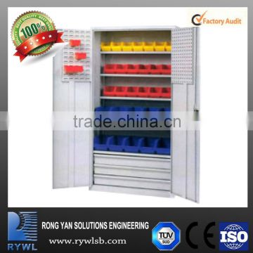 iron material locker with shelves and drawer for tool and parts storage