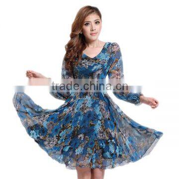 Wholesale Fashion Women Floral Print Long Sleeve Short Chiffon Dresses Flower Lady Tunic Summer Dress