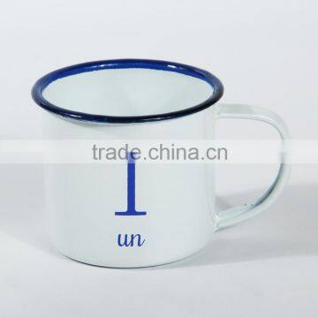 Wholesale enamel camping mug/8cm logo printed enamel mug/white enamel metal mug