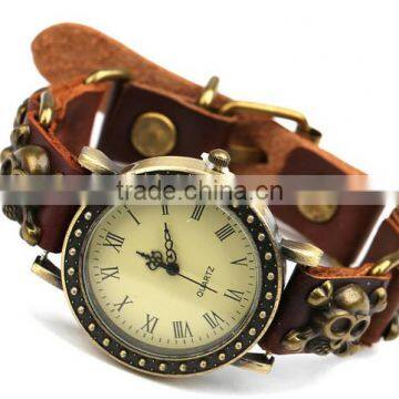 HY fashion jewelry Recommend genuine punk skull metal leather watch bracelet for men