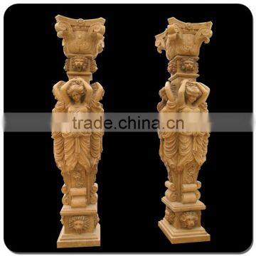 Western Marble Column Antique Yellow Marble Stone Pillar With Statue photo-2