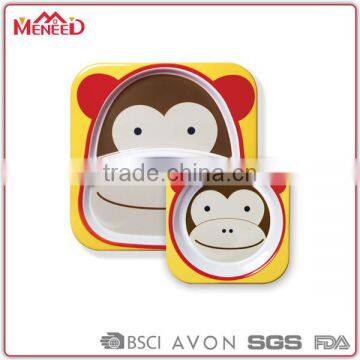 Wholesale non-toxic unbreakable monkey animal printed square melamine childs dinnerware set