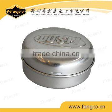 Metal tinx box for round shape logo embossed