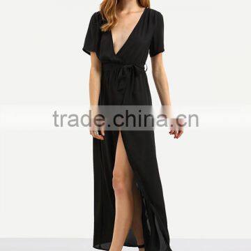 Woman Short Sleeve Black V Neck Tie Waist Chiffon Maxi Wrap Type Maxi Dress photo-4