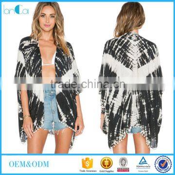 Customize Ladies Pom Pom Trim Tie Dye Open Front Kimono