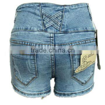 Best Selling Women Fashion High Waist Buttoned Slim Fitting Plain Dyed Worn Hem Jean Short Pants photo-2