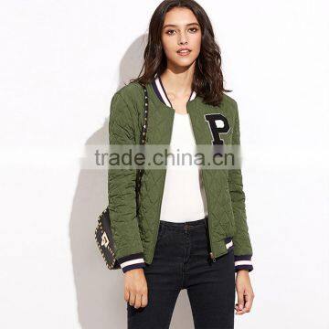 HAODUOYI Women Warm Solid Letter Embroidery Lattice Street Zipper Bomber Jacket photo-2