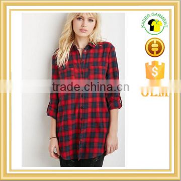 Longline Plaid Flannel Shirt High quality blouse OEM women's shirts