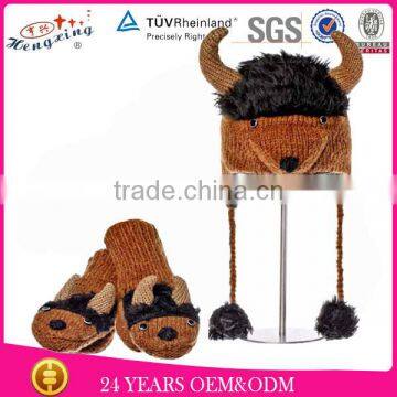 2013 New Fashion Soft Bison Animal Hat Gloves Kids Adult Knitted