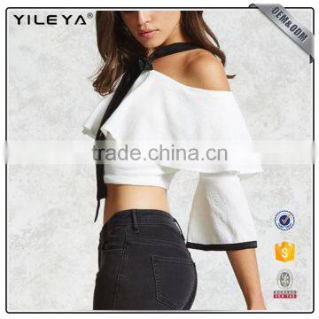 Flare Sleeve High Waist Crop Top off Shoulder Self-tie Front Tops photo-2