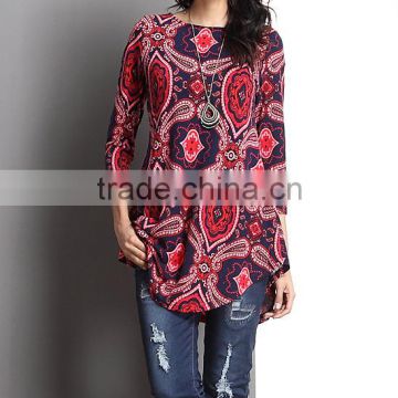 New Year Women Tops With Red Paisley Elbow Patch Split-Hem Tunic Women Outwear Women Clothing GD90426-46