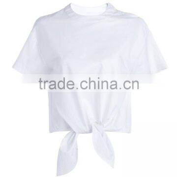 Ladies White Shoulder Snap Button Short Sleeve Woven t Shirt With Front Bow photo-2