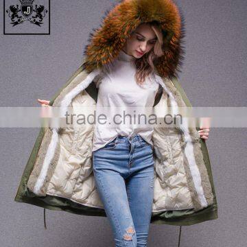 Luxury Lifestyle outdoor coat green with golden tips raccoon fur collar parka women fur