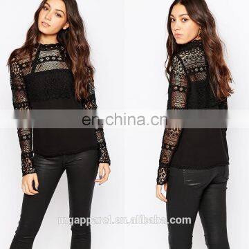 100% Polyester Lace Mock Neck Blouse for ladies