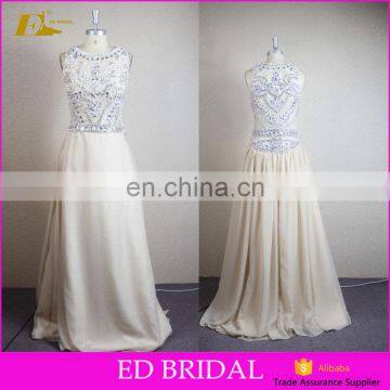 Hot Sale Scoop Neckline See Through Back Chiffon Crystal Embellishments Patterns Long Prom Dress