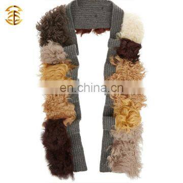 Fashion Ladies Wholesale Real Mongolian Lamb Fur Scarf Wool Knitted Fur Scarf