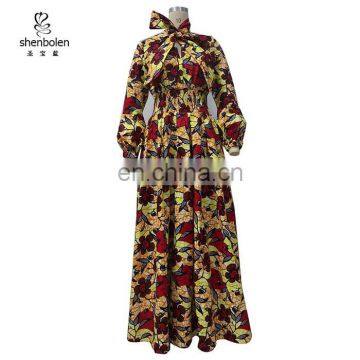 Customize batik wax print Afrian women long necktie maxi dress wholesale clothing