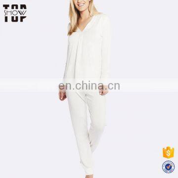 OEM factory women v neck soft white pajamas set sleepwear