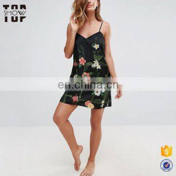 Hot selling products pajamas and night dress black floral print slip dress