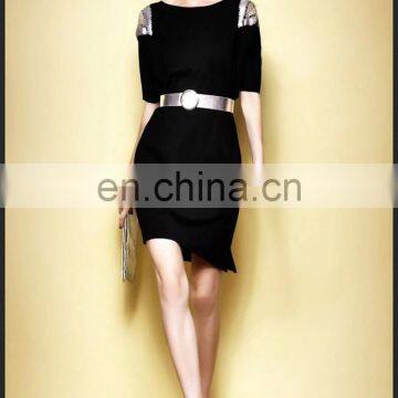 Sexy Lady High Quality Knitted Shift Dress With Sliver Belt and Short Sleeves photo-2