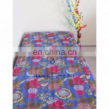 quilt twin size Fruit Print Kantha Bedspread Throw Indian Blue Handmade Jaipur cotton Quilt