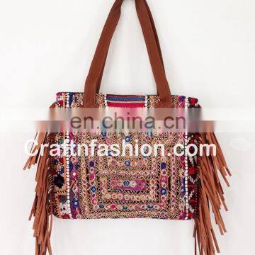 Gypsy Tribal Ethnic Embroidery shoulder Leather Fringes bag- Vintage Leather Fringe Bag Indian Banjara Tote Bag